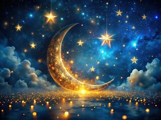 Crescent Moon Night Sky: Golden Stars & Dreamy Celestial Backdrop