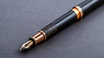 Elegant Fountain Pen Close-up: A sophisticated black fountain pen with rose gold accents rests on a dark gray surface, showcasing its intricate details and luxurious design.