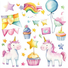 Obraz premium Fun and whimsical clipart set for kidsâ€™ birthday parties featuring adorable unicorns in a variety of playful poses. 