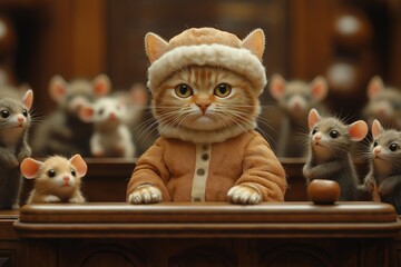 Cat judge presiding over courtroom of mice: justice being served