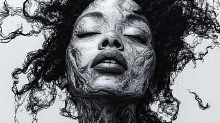 Fototapeta premium Abstract portrait of a woman with flowing hair and intricate patterns, evoking emotion and depth