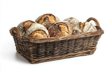 Basket with assorted bread loaves isolated on white or white background