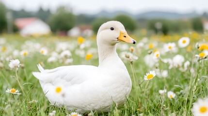 White duck in a meadow of wildflowers