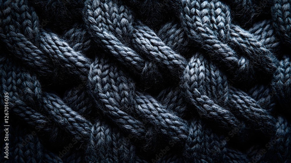 Poster close-up view of a dark blue cable knit fabric. the image showcases the intricate texture and detail