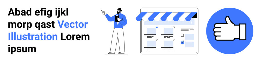 Business professional pointing at web design, a content layout plan, thumbs up approval icon. Ideal for web development, user experience, online marketing, design presentation, client success