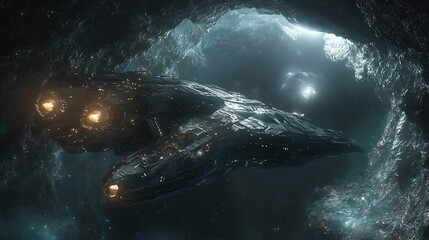 Fototapeta premium Spaceship bravely navigates dark icy cavern glowing subtly with ethereal light. AI Generated