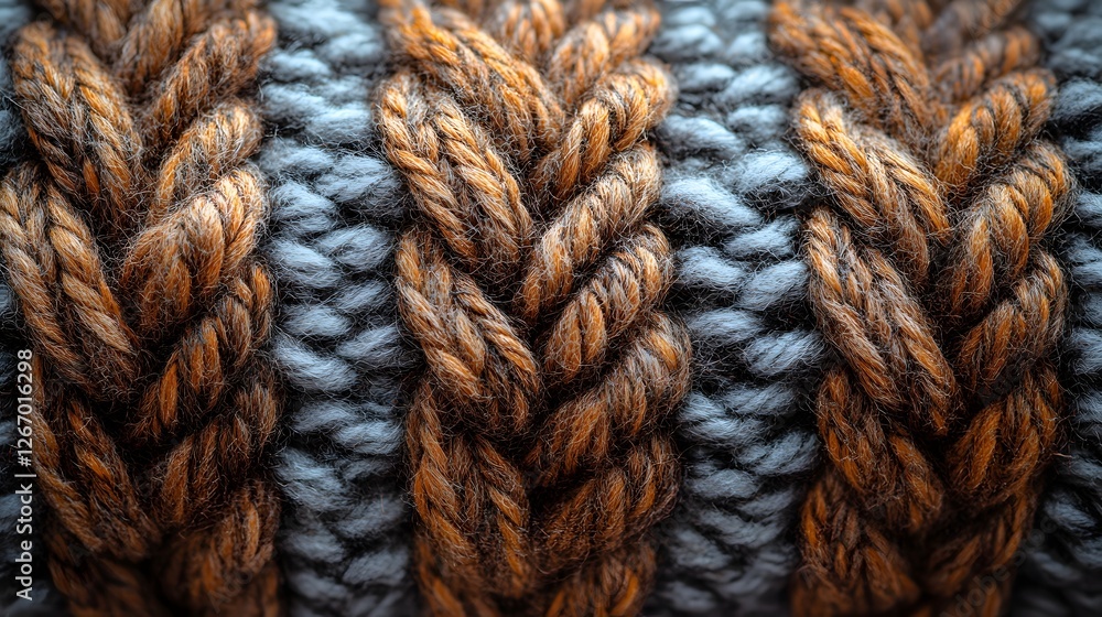 Poster detailed macro shot of a knitted fabric with a cable knit pattern, featuring brown and gray yarns. w