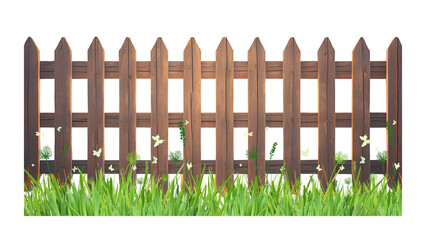 Rustic wooden fence with grass isolated on a transparent background.