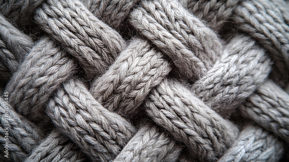 Poster close-up view of a gray knitted fabric showcasing intricate texture and weave. macro detail. gray kn