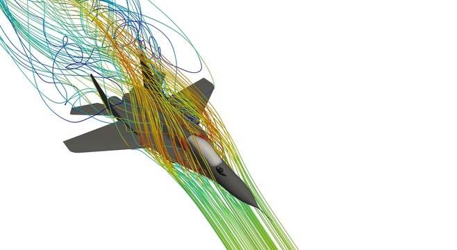 Simulation of airflow around a fighter jet. Visualize the flow streamline of air around the aircraft