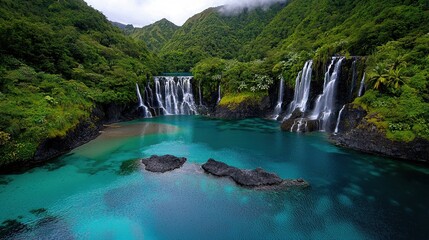 Fototapeta premium Serene Tropical Waterfall Surrounded by Lush Green Mountains and Crystal Clear Lagoon