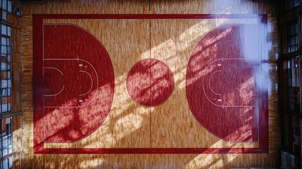 Aerial view of a basketball court with wooden flooring and shadows cast by large windows
