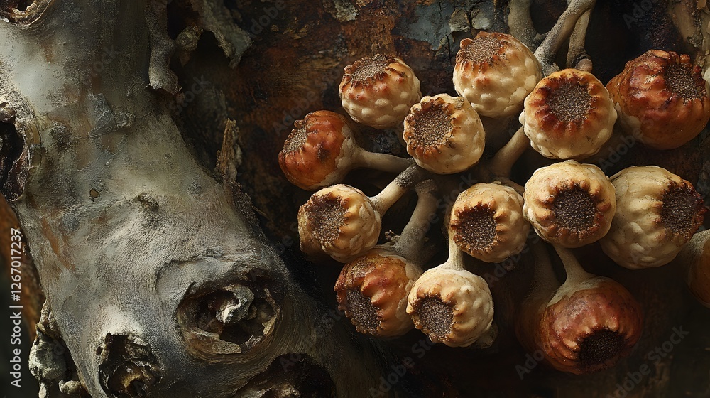 Poster Close-up of unusual seed pods clinging to a textured tree trunk. The image showcases the intricate detail and natural beauty of the scene. Macro detail. Close-Up of Unusual Seed Pods on Weathered Bark