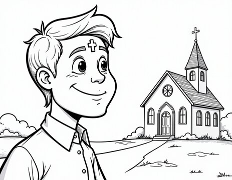 Boy with Ash Wednesday Cross Looking at Church - Black and White Cartoon Illustration