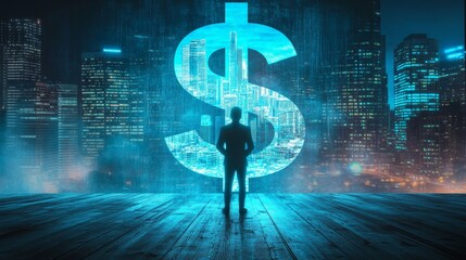 a man standing in front of the dollar sign symbol with a blue glow