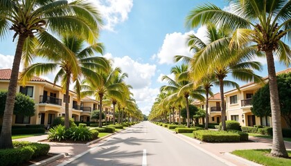 Fototapeta premium Tropical palm tree-lined street in a resort community under a bright blue sky
