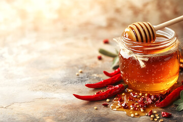 Hot chili honey jar with copy space