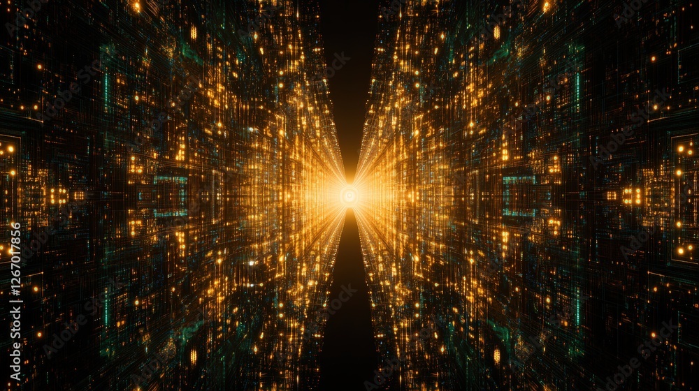 Poster futuristic glowing tunnel with abstract lights and data transfer theme in dark environment