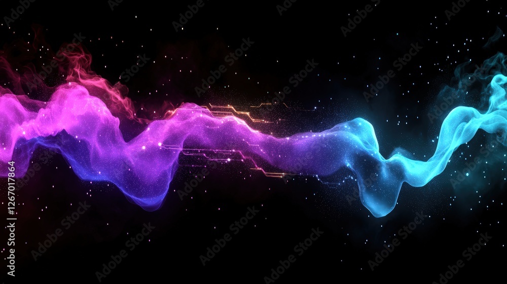 Poster abstract smoke background with flowing patterns and futuristic data transfer design in shades of blu