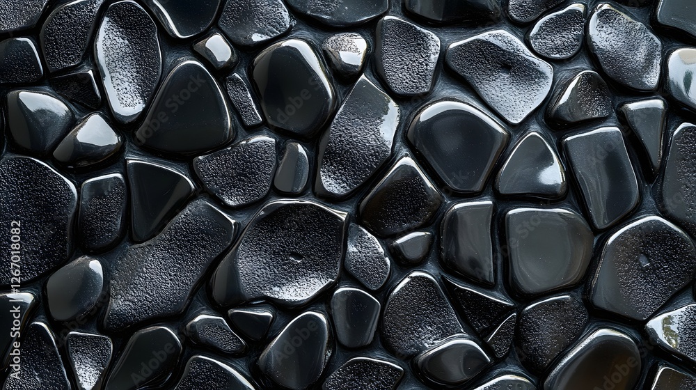 Poster close-up view of a dark, glossy stone wall. the texture shows polished black pebbles arranged in a s
