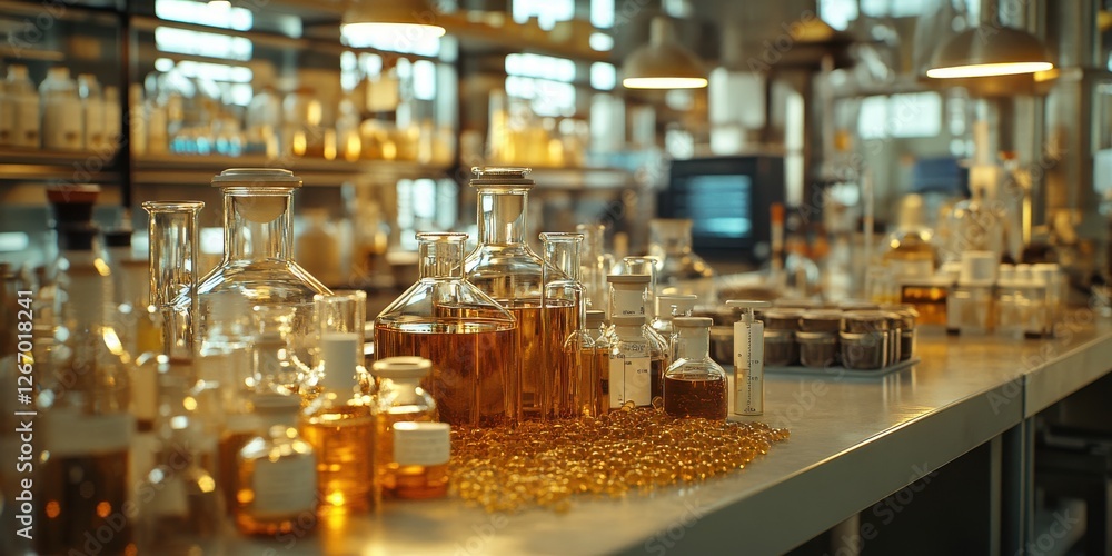 Poster precise pharmaceutical formulas ensuring high-quality ingredients in production showing chemistry la