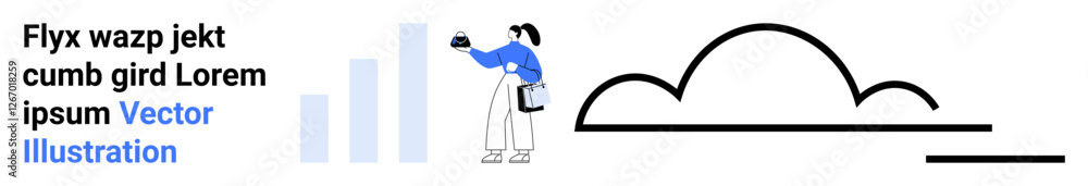 Aufkleber person pointing at a data chart while holding a notebook, standing near an abstract cloud design wit