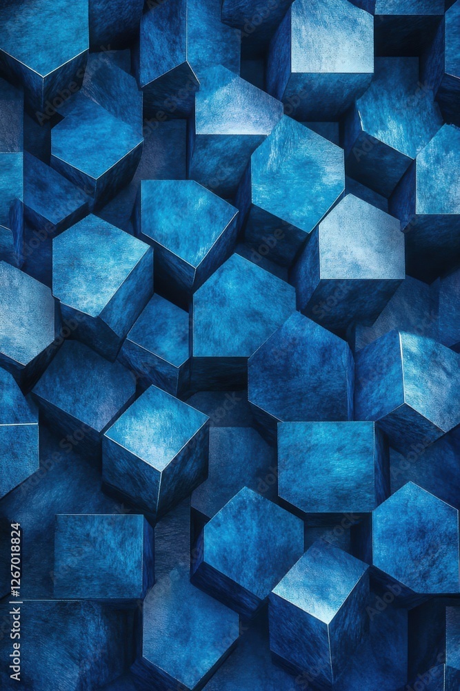 Poster abstract blue hexagonal geometric pattern: 3d render of interlocking blue cubes and hexagons, creati