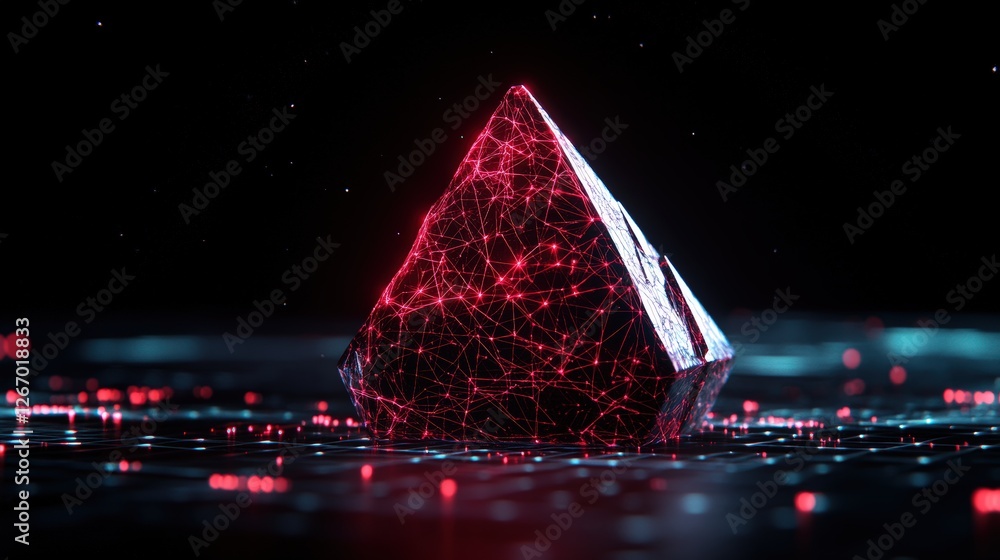 Poster red triangle shaped object on black surface with abstract futuristic background and data transfer co