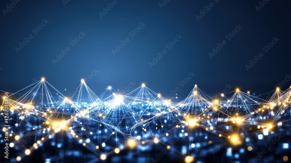 Poster abstract technology background with glowing lights and connected lines illustrating data transfer co