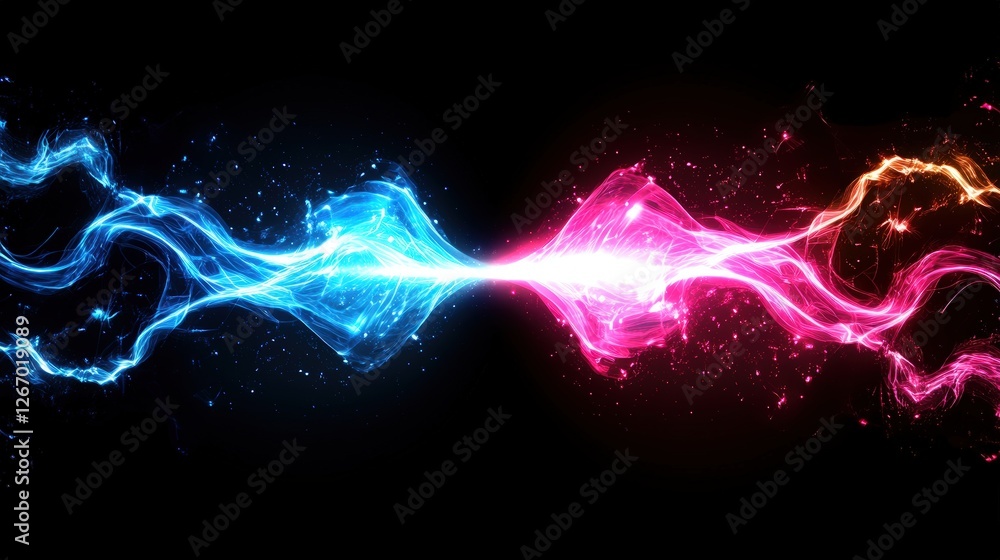 Poster abstract futuristic background with two colorful lines of light on a black background glowing in pin