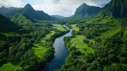 Serene Aerial View of Lush Green Valley with River and Mountains Under a Rainbow