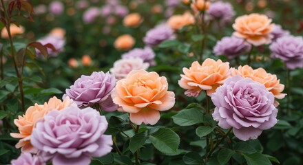 Fototapeta premium Blooming Roses in Garden with Pastel Colors Peach and Lavender