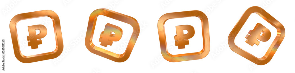 Poster set of 4 3d ruble curved rectangle outline shapes with golden and rainbow effects isolated on a tran