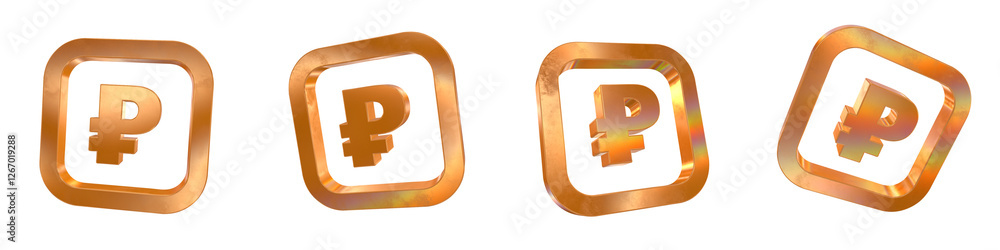 Poster set of 4 3d ruble curved rectangle outline shapes with golden and rainbow effects isolated on a tran