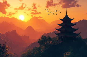 A beautiful Japanese temple nestled in the mountains at sunset 