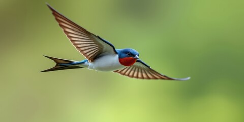 Fototapeta premium A swallow bird in mid-flight displays striking blue and red plumage as it soars gracefully against a soft, blurred green backdrop typical of springtime