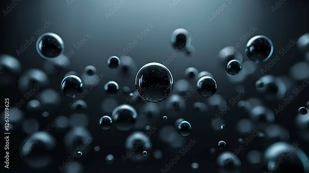 Poster floating spheres: a captivating abstract background image features numerous black spheres of various