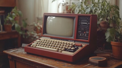 Vintage red computer on wooden table with plants.