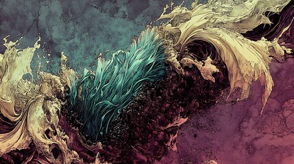 Swirling teal gold abstract art deep rich colors evoke intense emotion. AI Generated