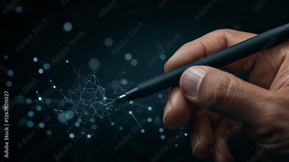 Poster connecting the dots: a hand delicately holds a stylus, seemingly drawing or interacting with a compl