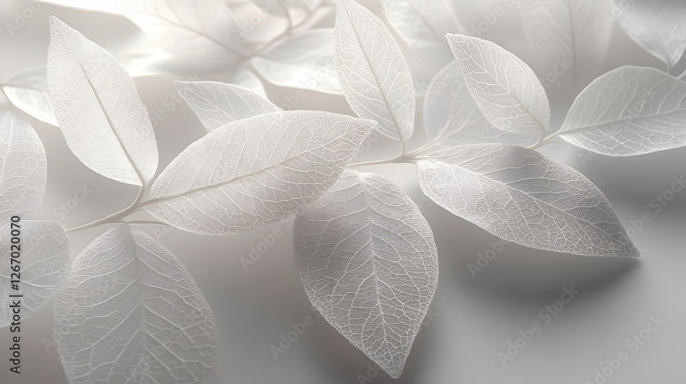 Poster close-up of delicate, white leaves, showcasing their intricate textures and the soft light illuminat