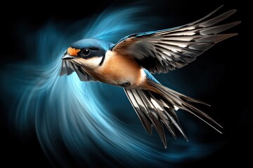 Naklejka premium A swallow bird glides gracefully in mid-air, showcasing its striking colors and delicate wings, embodying the spirit of spring as it seeks food and mates