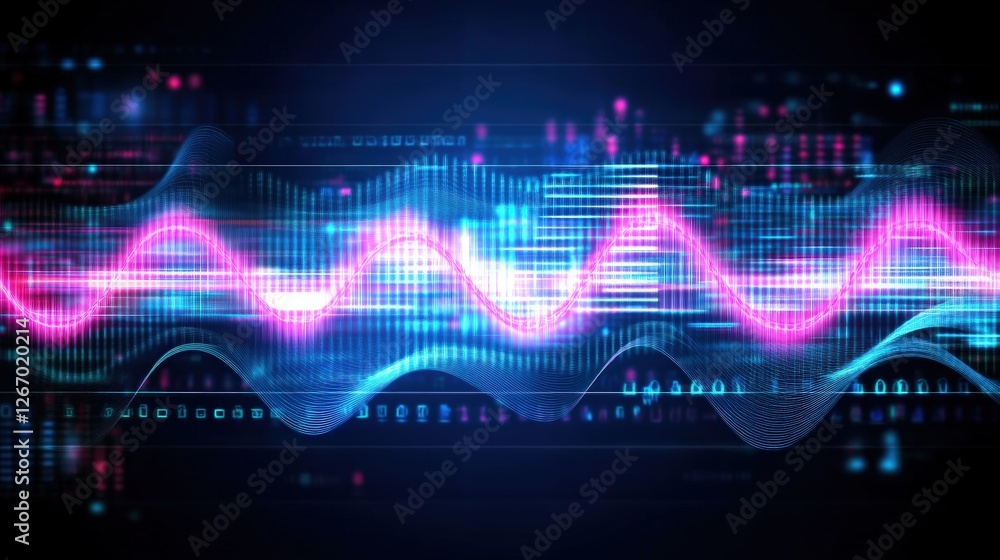 Poster abstract technology background with colorful lines and waves featuring pink and blue glowing element