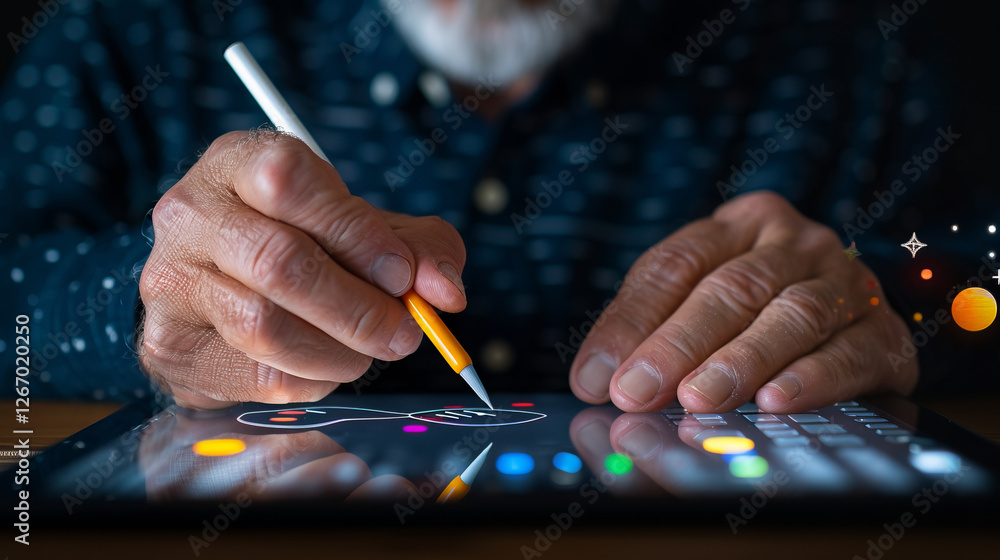 Poster digital artist at work:close-up of hands using a stylus on a tablet, creating digital art. the scree