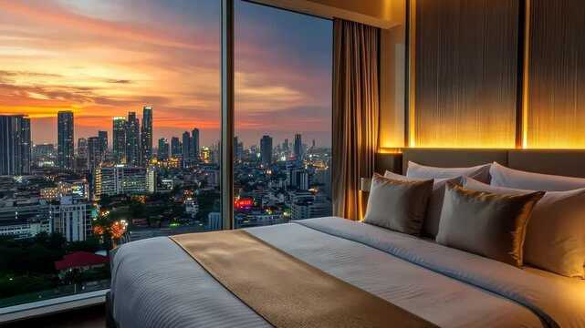 Stunning city skyline at sunset viewed from a luxurious hotel room with elegant decor and inviting atmosphere. Generative AI