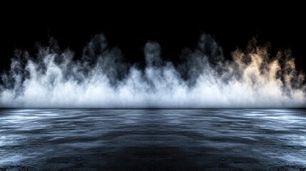 Black and white abstract image of smoke in a dark room with a concrete floor
