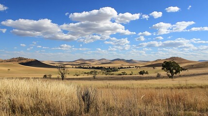Australian Outback Landscape Under Blue Sky With Rolling Hills
