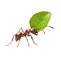 Fototapeta premium detailed illustration of ant carrying green leaf, showcasing its intricate body structure and vibrant colors. ant symbolizes hard work and teamwork in nature