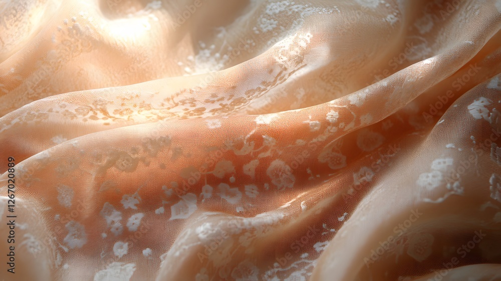 Poster close-up of a peach-colored fabric with a delicate floral pattern. soft, smooth texture. macro detai