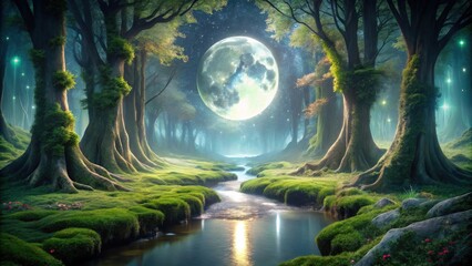 Obraz premium Enchanted Moonlight Forest Stream Serene Night Scene with Mossy Trees and Glowing Lights
